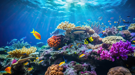 Underwater view of coral reef with tropical fish and corals.の素材