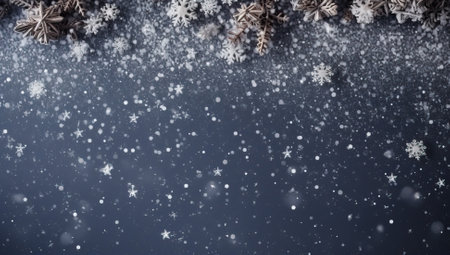 Christmas background with snowflakes and fir branches on dark blue backgroundの素材