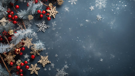 Christmas background with snowflakes and red berries on dark blue backgroundの素材