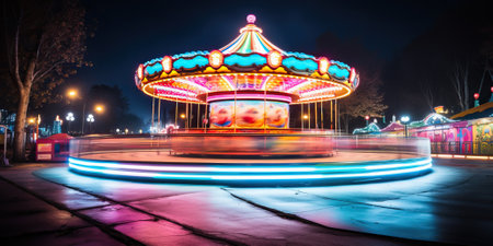Merry-go-round at night with motion blur effect.の素材