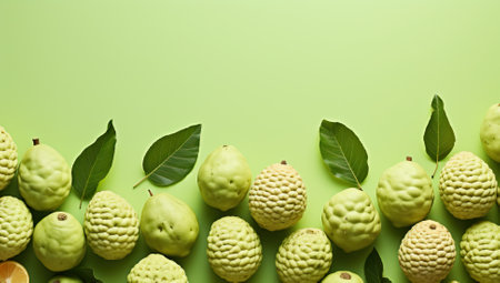 Fresh ripe bergamot fruits with green leaves on green backgroundの素材