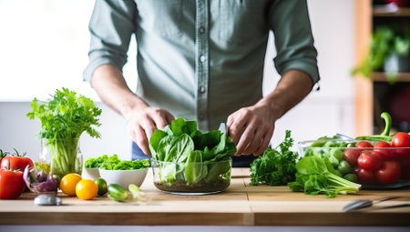 Man preparing salad in kitchenの素材
