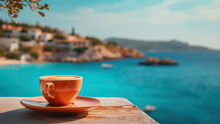 Cup of coffee on the background of the seaの素材