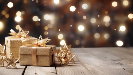 Gift boxes with golden stars and bokeh lights on wooden backgroundの素材