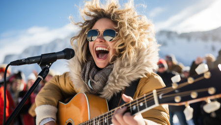 Young woman playing guitar and singing on the stage in the snowy mountainsの素材