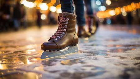 feet of a young woman skating on ice rink at night in winterの素材
