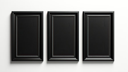 Three black picture frames on white wallの素材