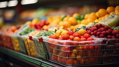Variety of fresh fruits and vegetables in supermarket.の素材