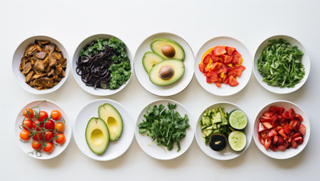 Healthy salad ingredients in bowls on white backgroundの素材