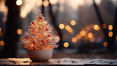 Christmas tree in a pot on a background of bokeh lightsの素材