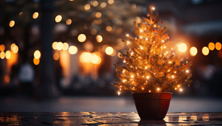 Christmas tree in pot with bokeh lights on background. Christmas and New Year concept.の素材