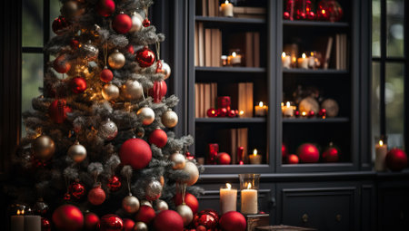 Christmas tree with red balls and candles in the interior of the roomの素材