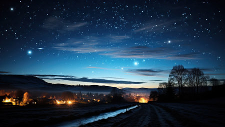 A serene night sky with stars illuminating a peaceful villageの素材