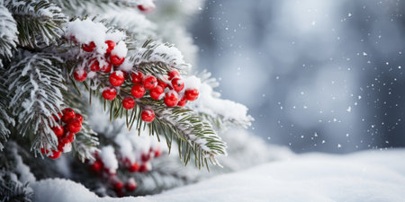 Frosty Pine Branch with Red Berriesの素材