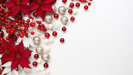 Festive flat lay of red poinsettia flowers and silver and red baubles on a white backgroundの素材