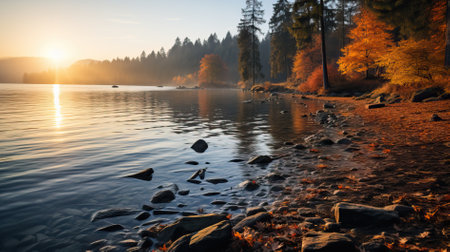 Autumn sunrise over peaceful lakeの素材