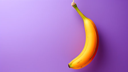 Banana hanging on a rope on a purple background with copy spaceの素材
