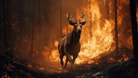 Deer in the forest during a fireの素材