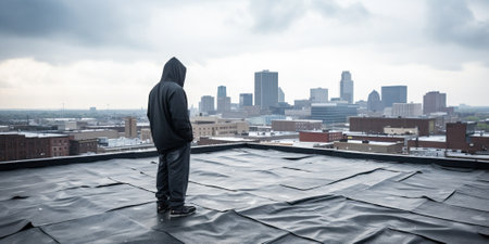 Man standing on the roof of a building and looking at the cityの素材