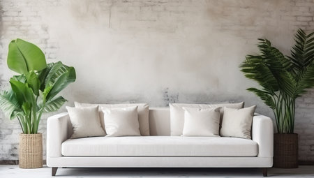 Modern Minimalist Living Room with White Sofa and Indoor Plantsの素材