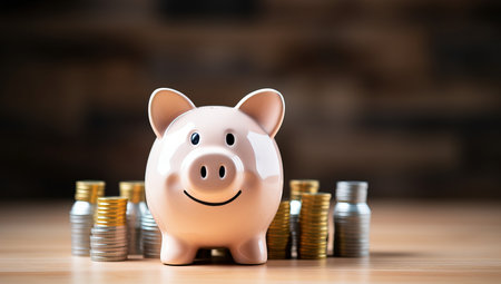 Piggy bank with coins stacks on wooden table, financial conceptの素材