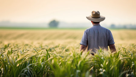 Rear view of a senior farmer standing in the middle of a wheat fieldの素材