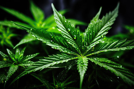Close up of Green Cannabis Leaves with Water Dropletsの素材