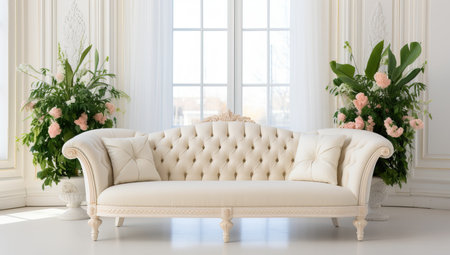 Elegant Living Room with Classic White Sofa and Decorative Plantsの素材
