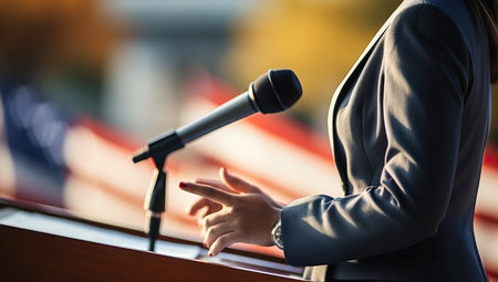Businesswoman delivering a speech at conference podiumの素材