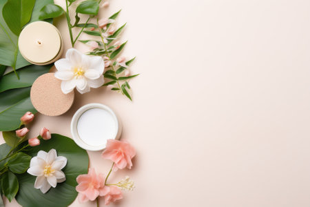 Flat lay composition with cosmetic products and flowers on beige backgroundの素材