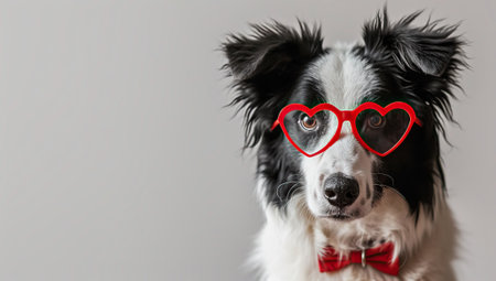 Funny portrait of puppy dog border collie wearing red heart shaped glasses isolated on grey background. Love and valentines day conceptの素材