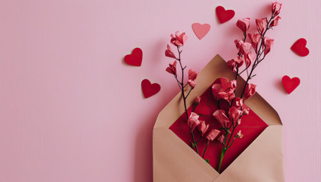 Valentine's day concept. Greeting card with envelope, flowers and hearts on pink backgroundの素材