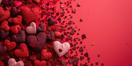 Valentine's day background with red hearts and confetti on red backgroundの素材