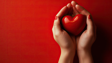 Female hands holding a red heart on a red background with copy spaceの素材