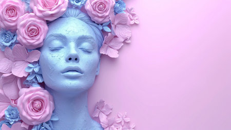 face of a woman with pink flowers on her head. International Woman's day concept.の素材