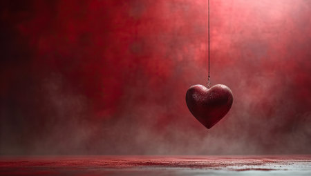 Red heart hanging on a rope on a dark red backgroundの素材