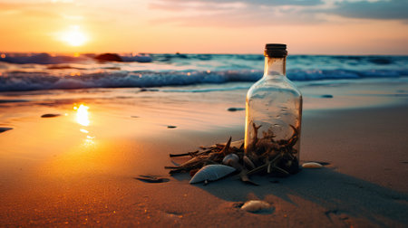 A bottle on a beach during sunsetの素材