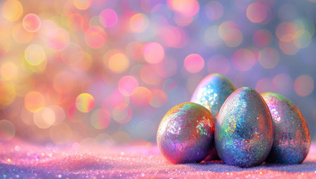 Colorful easter eggs on bokeh background with copy spaceの素材