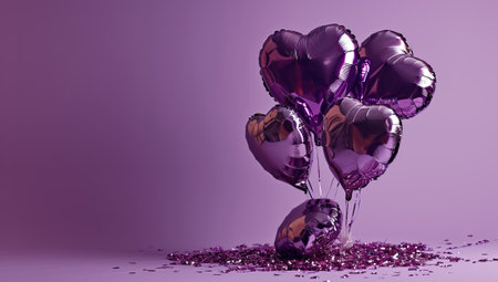 Purple heart shaped balloons on a purple backgroundの素材