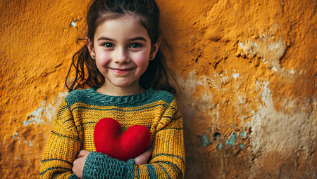 Child holding a red heart against a textured wallの素材