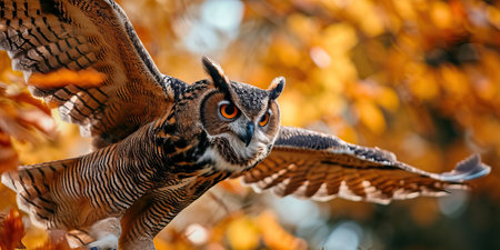 A majestic owl in flight against a backdrop of autumn leavesの素材