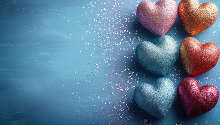 Colorful hearts on blue wooden background. Valentines day concept.の素材