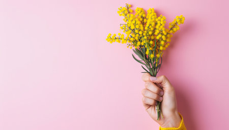 Hand holding a bright yellow bouquet of flowers against a pink backgroundの素材