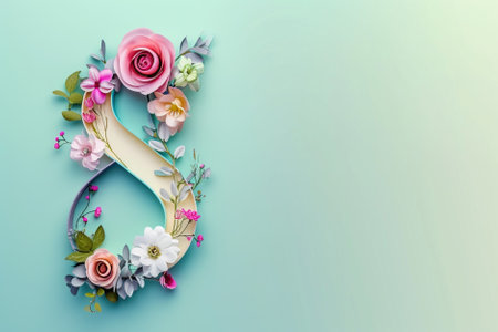 Number 8 made of flowers and leaves on blue background with copy space, woman day conceptの素材