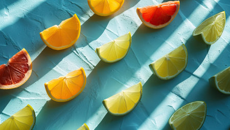 Sliced citrus fruits on blue textured surface under sunlightの素材