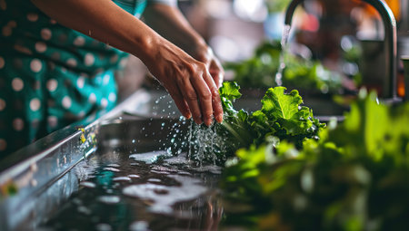 A woman washing fresh green vegetables under running water in a sinkの素材