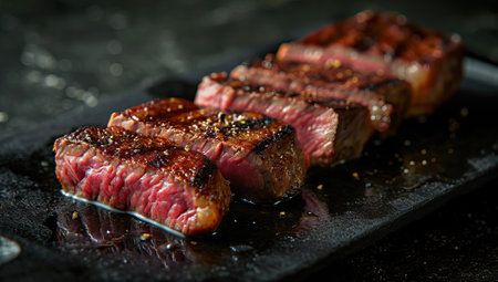 Grilled steak slices on a dark surfaceの素材