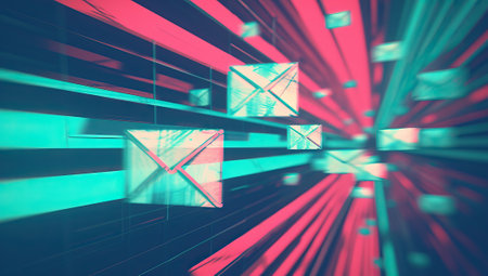 Digital envelopes flying through a neon tunnelの素材