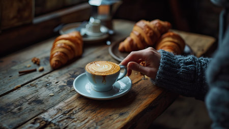 Hand reaching for warm coffee beside croissants on wooden tableの素材