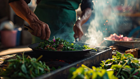 Chef preparing fresh salad on outdoor grillの素材